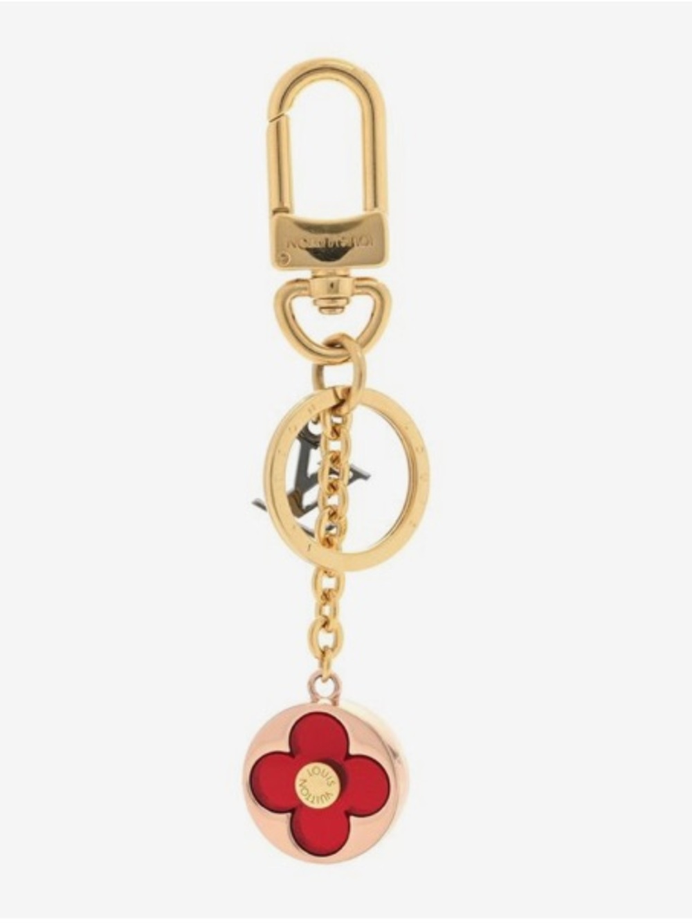 ***Louis Vuitton Logo Bag Charm & Key Holder | Red Monogram Flower Enamel Motifs